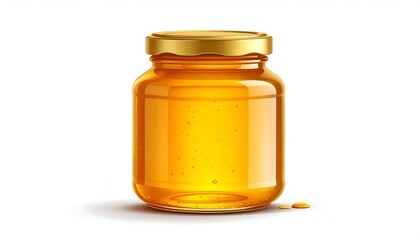 A clear glass jar filled with golden honey, topped with a metallic gold lid, with a white background