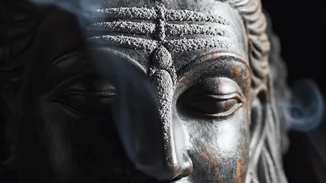 Close Up Third Eye of Lord Shiva Statue with Sacred Ash Markings