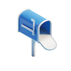 Isometric render of an open, blue mailbox, with a raised flag, and a white interior