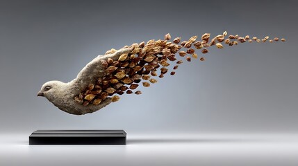 Conceptual sculpture depicting a bird figure slowly dissolving into a stream of dried seed pods creating a powerful metaphor for transformation or disintegration against a simple backdrop