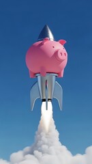 Pink Piggy Bank Rocket Launching into Blue Sky with White Clouds