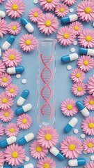 Pink and yellow flowers with blue pills and a D N A helix in a test tube on a blue background