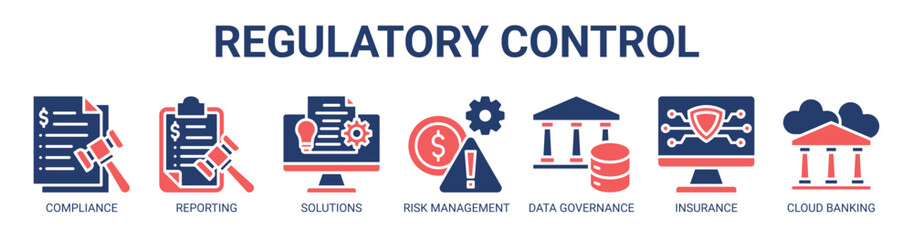 Regulatory Control web banner icon vector illustration concept with icon of regulatory compliance, regulatory reporting, solutions, risk management, data governance, insurance, and cloud banking.