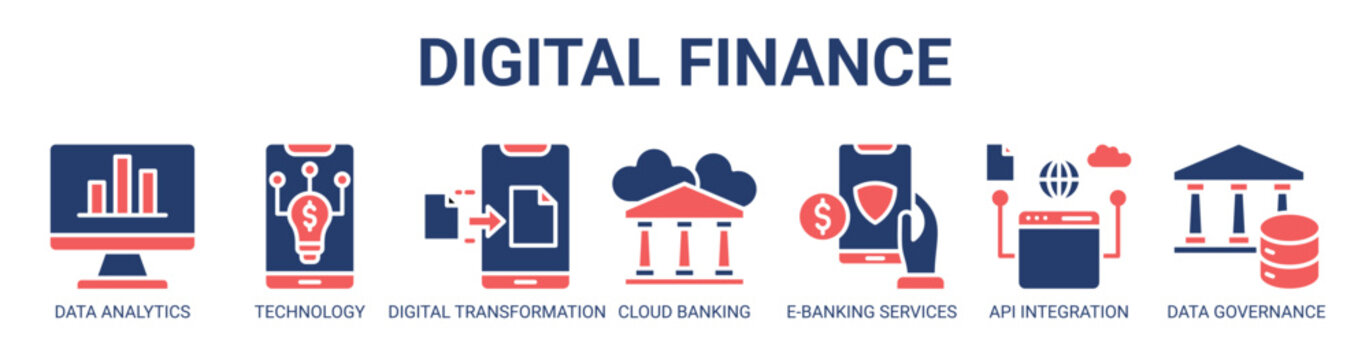 Digital Finance web banner icon vector illustration concept with icon of data analytics, financial technology, digital transformation, cloud banking, e-banking services, api integration, and more.