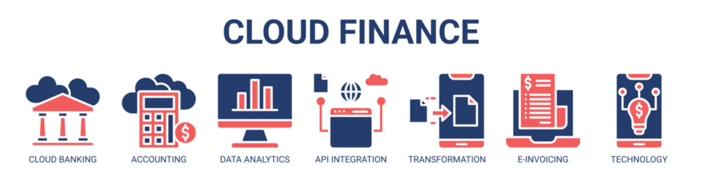 Cloud Finance web banner icon vector illustration concept with icon of cloud banking, cloud accounting, data analytics, api integration, digital transformation, e-invoicing, and financial technology.