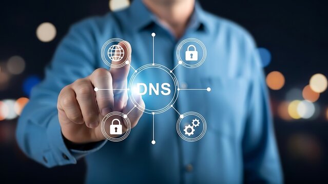 Person touching digital D N S interface with and connections - Powered by Adobe