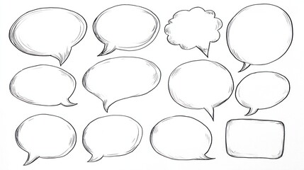 A collection of hand-drawn speech bubbles, varying in shape and size, ideal for text and dialogue in creative projects.