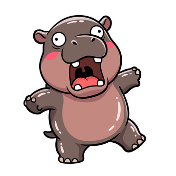 Funny baby pygmy hippo yawning or screaming. Adorable wet chubby animal mascot in trendy kawaii design. Viral zoo meme concept vector.