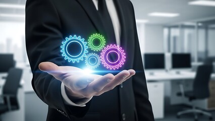 Person in suit holding glowing gears in hand in office setting