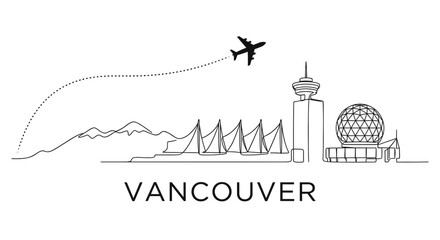 Naklejka premium Vancouver skyline with airplane flying over landmarks vector illustration