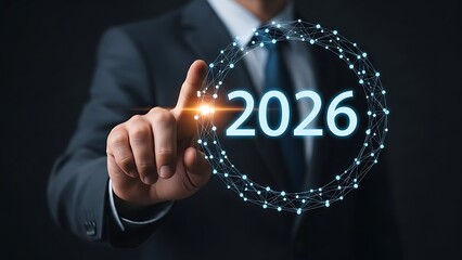 Person in suit pointing at a glowing 2026 in a network of dots