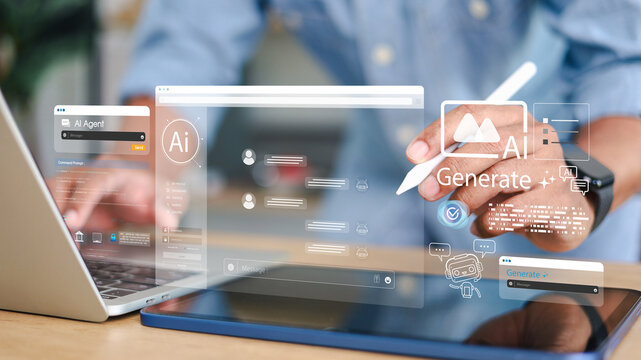 Business professional using generative AI interface on tablet with AI agent, chatbot and automation icons. Concept of artificial intelligence, AI assistant and digital innovation.