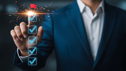 Person in suit selecting checkmarks on a digital screen with a red flag at the
