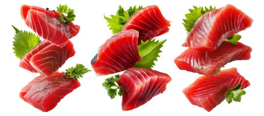 Slices of raw tuna sashimi with green shiso leaves and parsley garnish isolated on white background, Japanese cuisine freshness