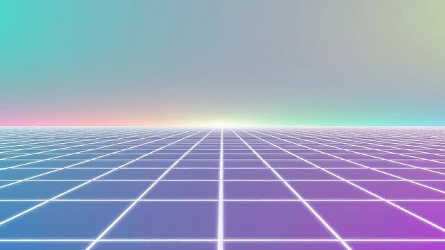 Retro 80s style neon grid background with vibrant gradient colors.