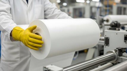 Person in White Lab Coat and Yellow Gloves Handling Large White Roll in Industrial Setting