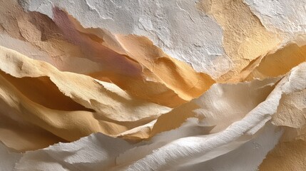Abstract background with a crumpled paper texture in warm beige, cream and gold tones, imitating a layered landscape or sand dunes.