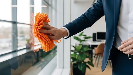 Person in suit cleaning glass window with orange cloth in office