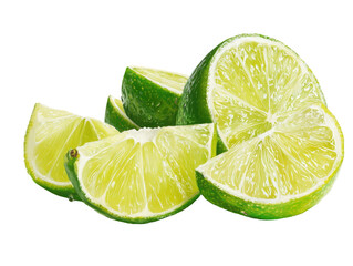 Sliced green limes, some glistening, arranged on a black backdrop