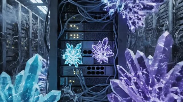Digital Crystals Growing on Server Racks in Futuristic Data Center