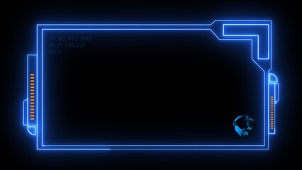 Abstract futuristic HUD frame with neon grid and glowing interface elements. Digital sci-fi screen layout for data visualization, UI design, and modern technology presentations.