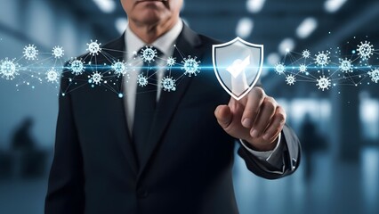 Businessman pressing a digital shield icon with futuristic snowflake effects behind him