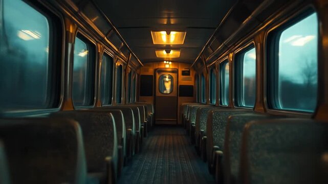 Vintage train interior with empty seats and windows atmospheric lighting