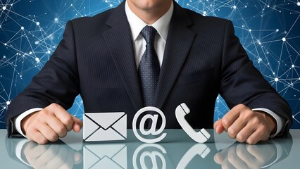 Businessman in suit interacting with email phone and social media icons on reflective table