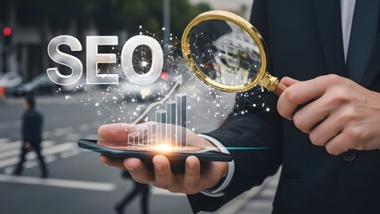 Businessman using magnifying glass to analyze seo data on his phone