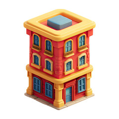 Isometric cartoon building with red facade and yellow trim. Blue doors and windows