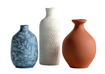 Three diverse vases in a row blue floral, textured white, and matte red