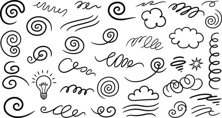 Hand-drawn doodle elements with light bulb, spiral, squiggle, cloud, starburst, wave lines, creative sketch vector illustration