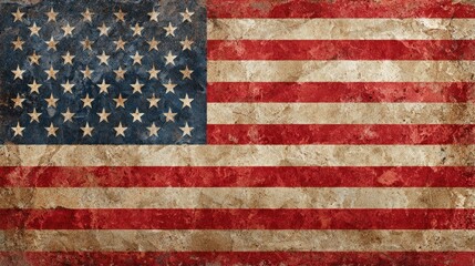 A weathered American flag with faded colors and visible texture, representing patriotism and national identity.