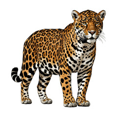 Obraz premium Powerful spotted jaguar, standing proudly, transparent with a crisp white isolated background