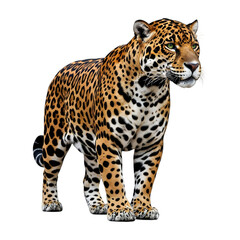 Obraz premium Powerful spotted jaguar, standing proudly, transparent with a crisp white isolated background