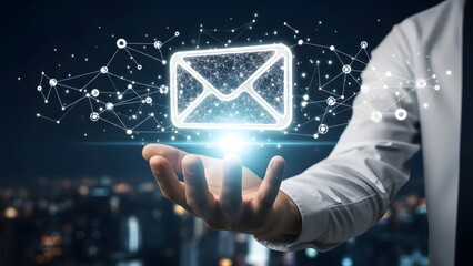 Businessperson holding a glowing digital envelope symbol over futuristic city background