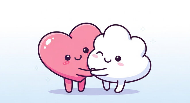 Adorable cartoon-style Valentine characters hugging and smiling, kawaii style, soft colors, simple background, high resolution, no text
