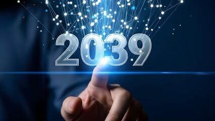 Businessperson touches the year 2039 on a futuristic digital screen interface