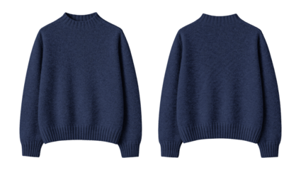 Elegant Dark Blue Mock Neck Sweater, Front and Back Views, Isolated on Transparent Background