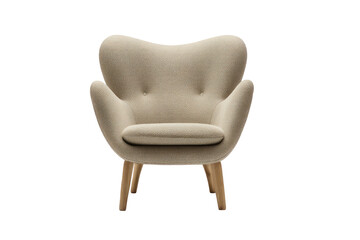 Beige armchair with curved back and wooden legs, centered on black