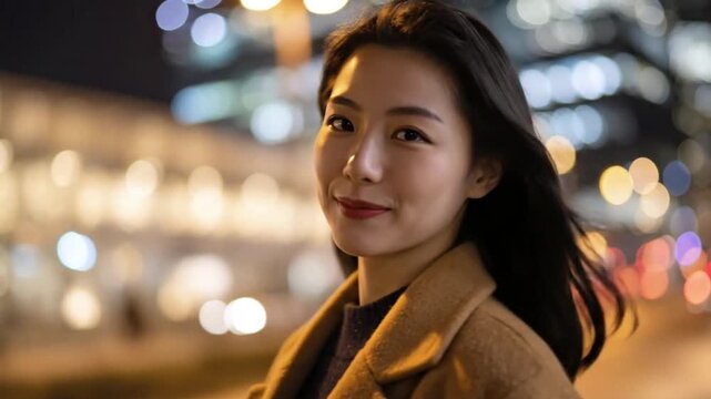 A radiant young adult woman smiles warmly and confidently directly at the camera, illuminated by the soft glow of urban lights. She stands outdoors at night, with a captivating, out-of-focus bokeh bac