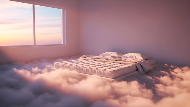 A serene bedroom with a bed floating on clouds in front of a window showing a peaceful sunset