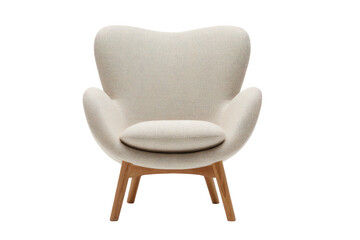 Cream armchair with rounded back and light wood legs, minimalist design