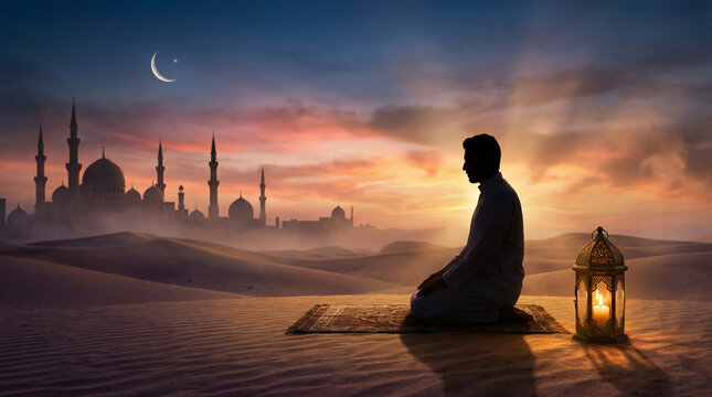 A devout Muslim man kneels in prayer on a mat in the desert during a vibrant sunset, with a mosque silhouette, crescent moon, and glowing lantern