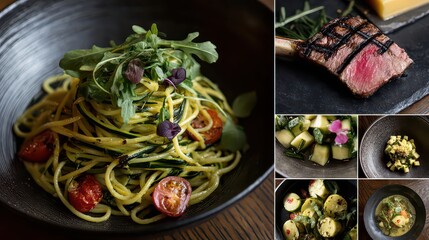 Pasta and Grilled Steak Food Collage with Tomatoes Greens and Zucchini on Wooden Table Gourmet Presentation Close Up