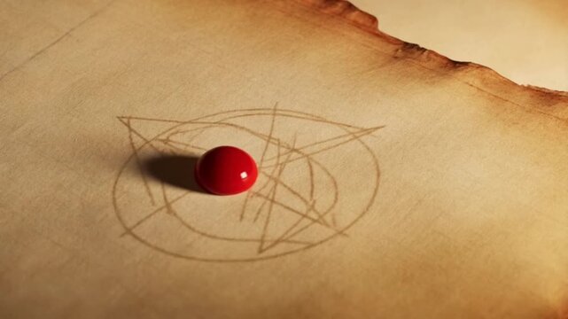 Hot red sealing wax drop falling from a candle onto an old manuscript revealing a glowing cryptic symbol drawn in invisible ink, extreme detail, alchemical revelation atmosphere