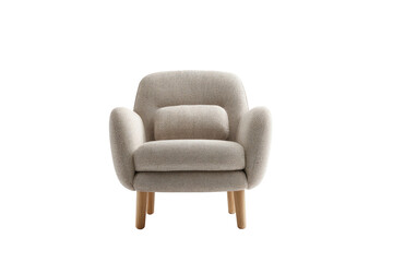 Armchair with a small pillow, upholstered in light beige fabric, on wood legs