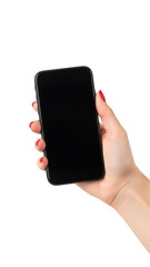 Hand holding smartphone isolated on transparent background