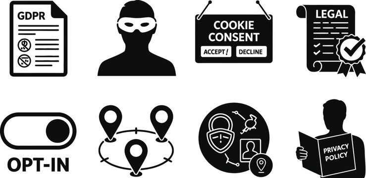 A collection of black and white icons related to data privacy and security