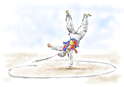 한국의 민족 축제 공연. 밝은 색의 수트를 입은 음악가와 무용수들이 전통 한국 민속 놀이인 풍물놀이 또는 사물놀이 공연을 하고 있습니다.
